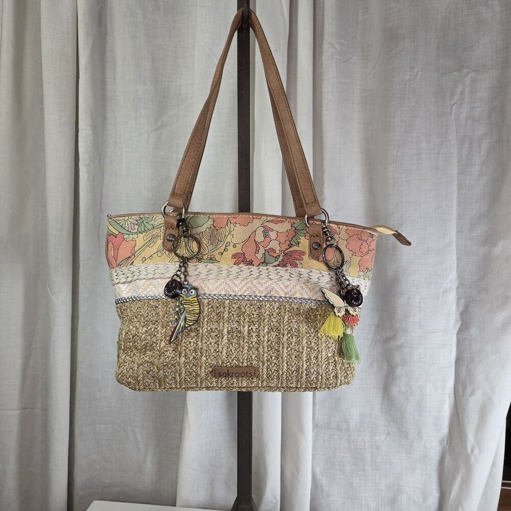 Sakroots Ellis Jute & Fabric Satchel Bag with Owl and Butterfly Charms